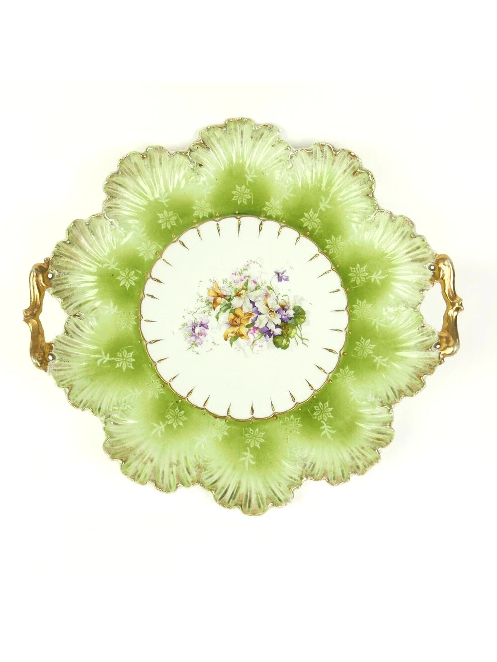 Antique German Porcelain Serving Platter Green Leaf Victorian Flower Gold Handle